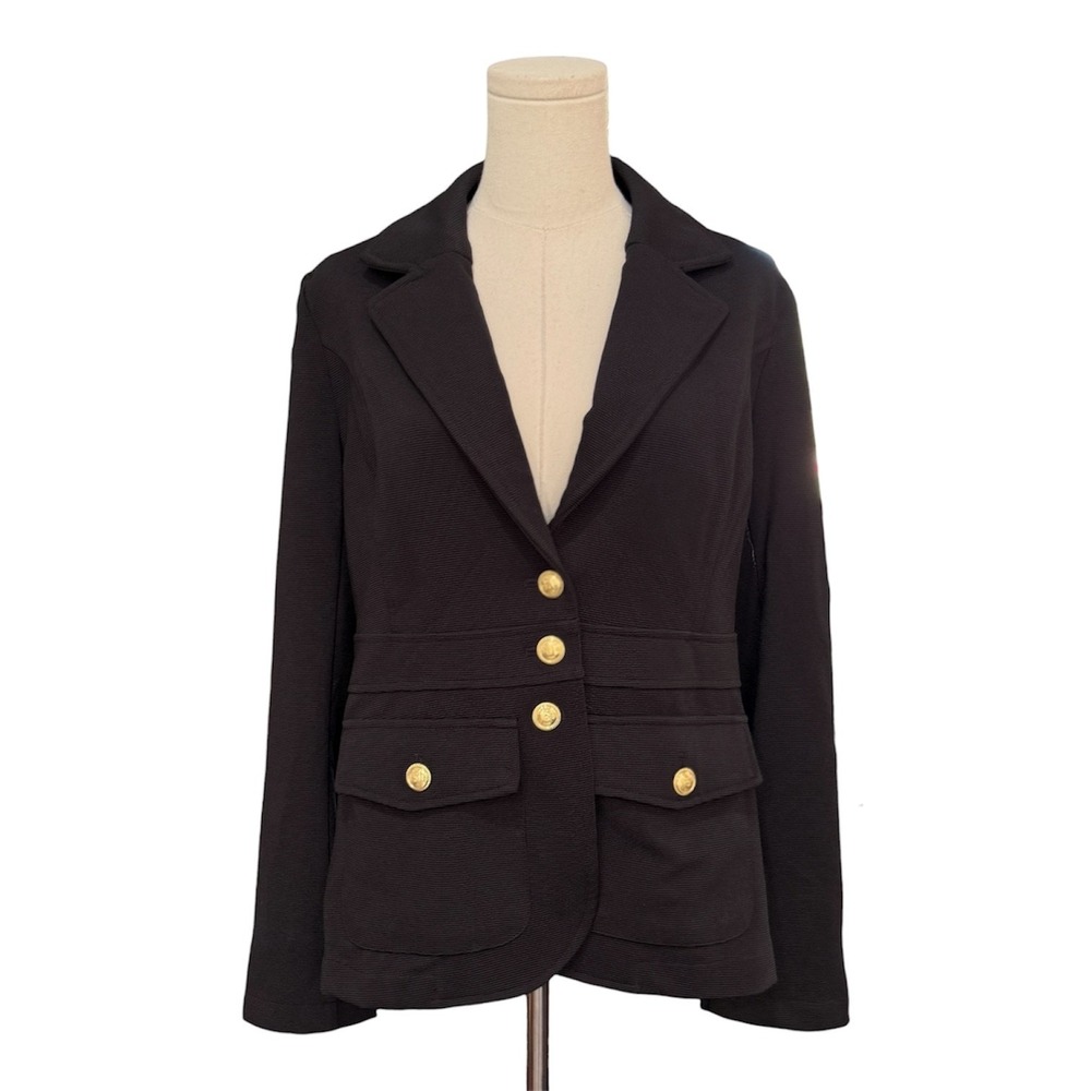 JOIE Gold Button Black Blazer Womens M Ribbed Knit Fitted Military Preppy Jacket